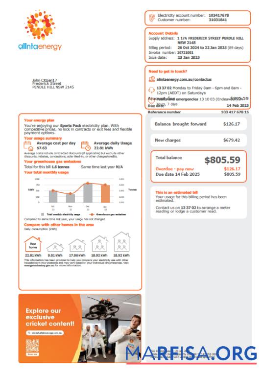Printable Australia Alinta Energy utility bill template in Word and PDF formats, version 2